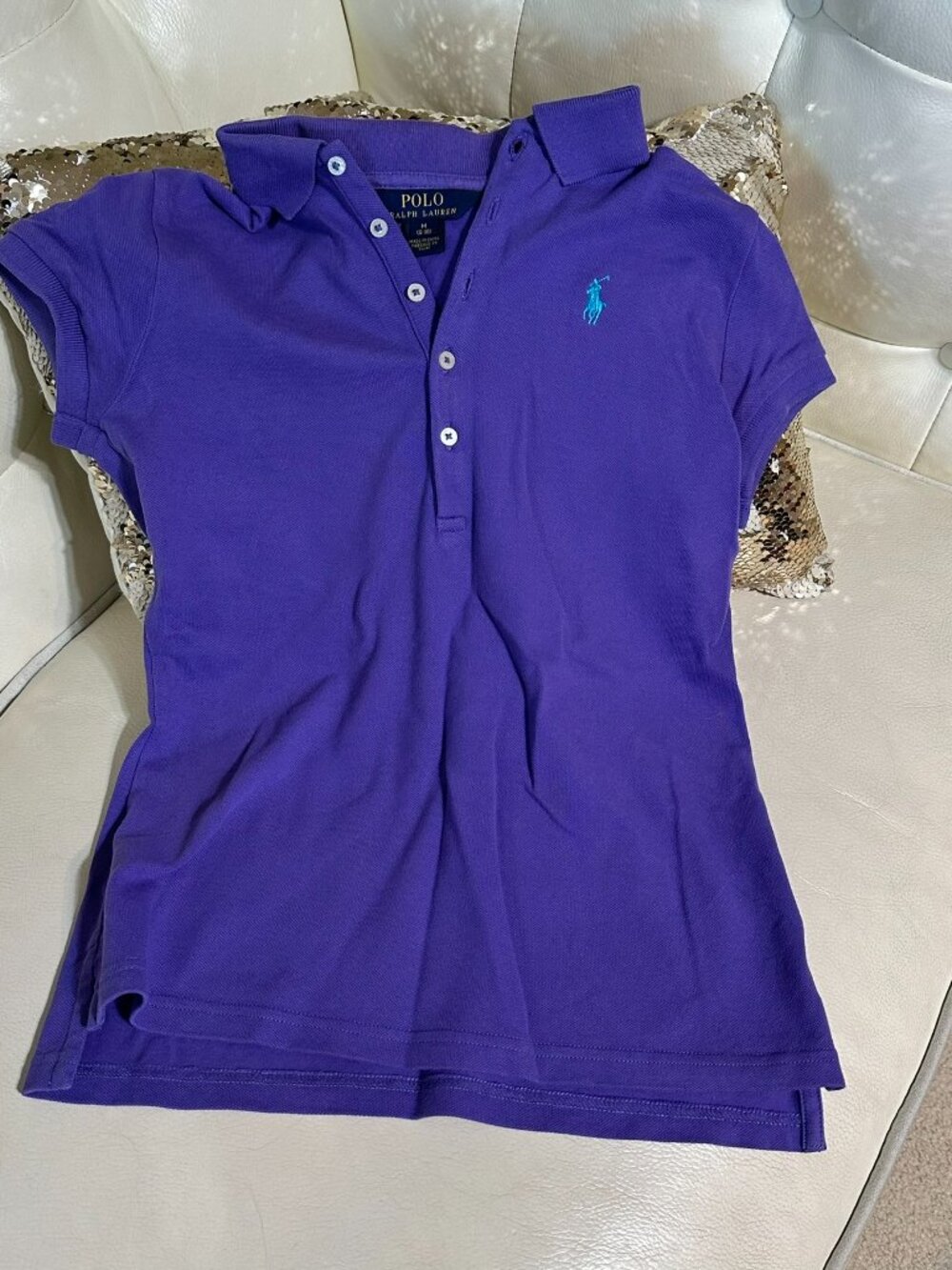 Polo Ralph Lauren Girls Purple Short Sleeve Polo Shirt Teal Pony Size M 8-10